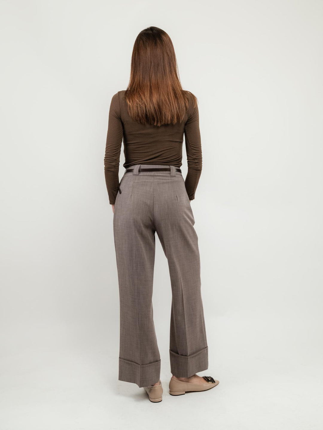 PANTALONE A PALAZZO MARRONE CON MAXI RISVOLTO