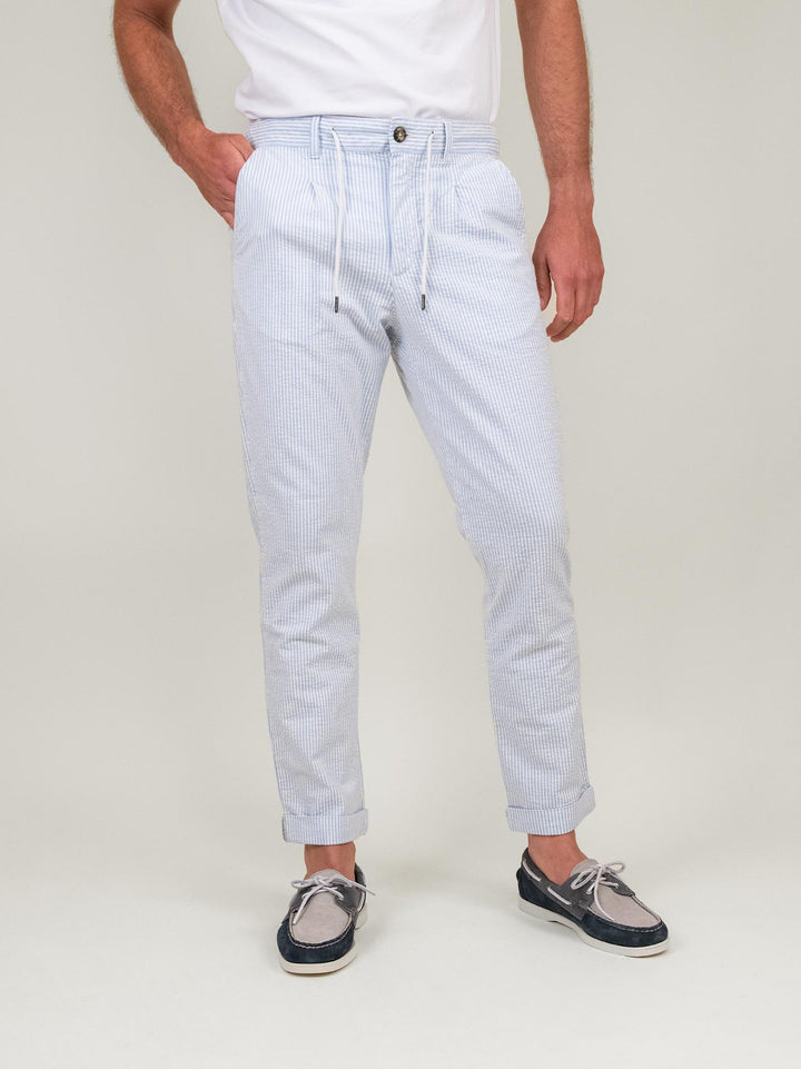 PANTALONE IN COTONE A RIGHINE BIANCHE E AZZURRE