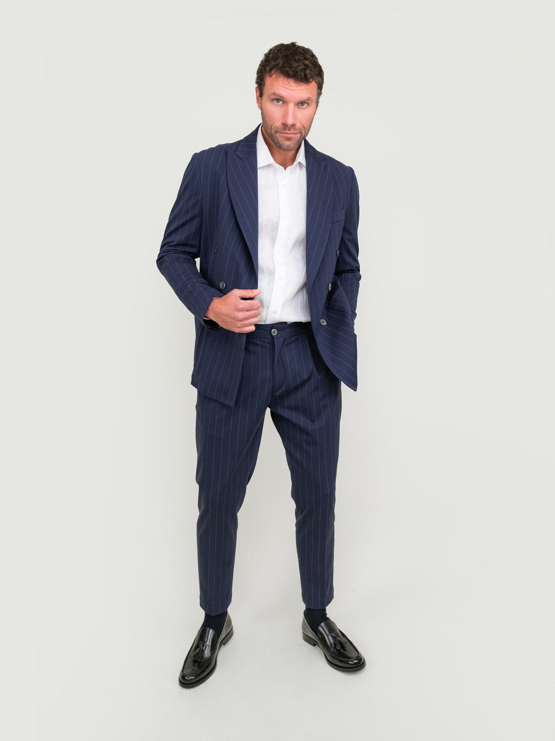 PANTALONE IN COTONE GESSATO BLU NAVY
