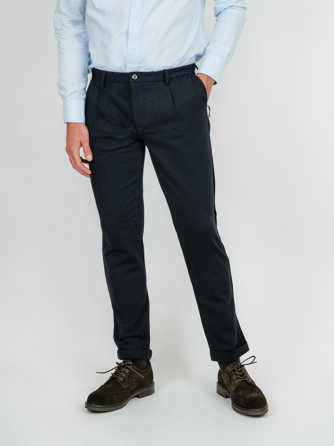 PANTALONE IN JERSEY BLU CON RISVOLTO