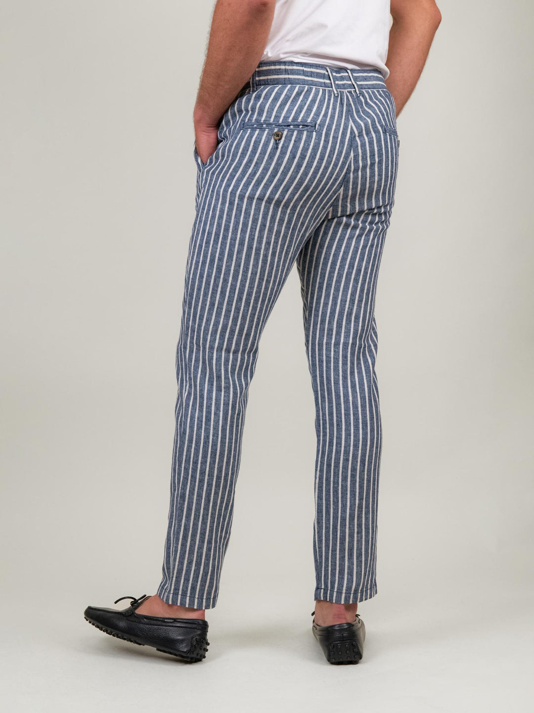 PANTALONE MISTO LINO A RIGHE BLU E BIANCO