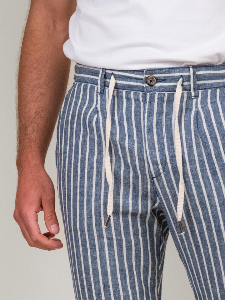 PANTALONE MISTO LINO A RIGHE BLU E BIANCO