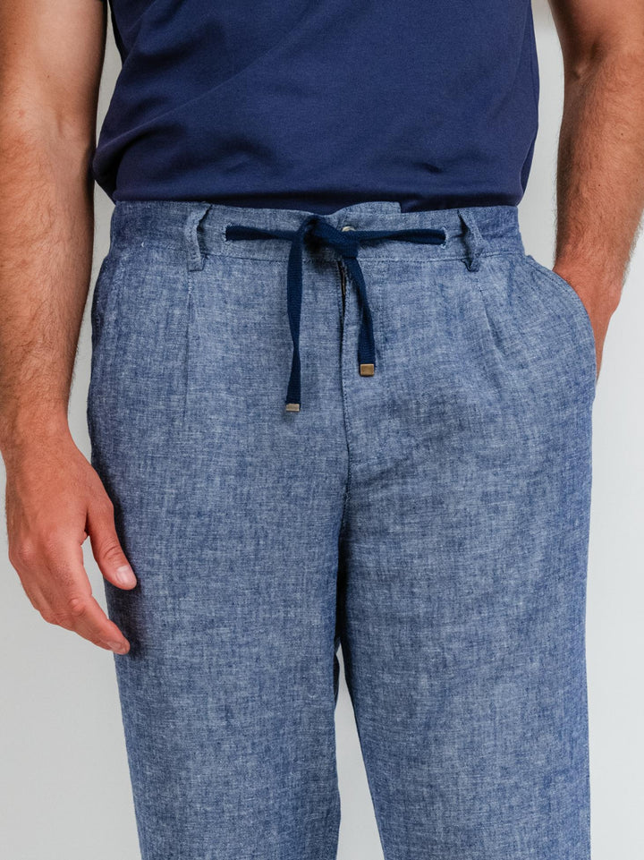 PANTALONI IN LINO CON COULISSE BLU NAVY