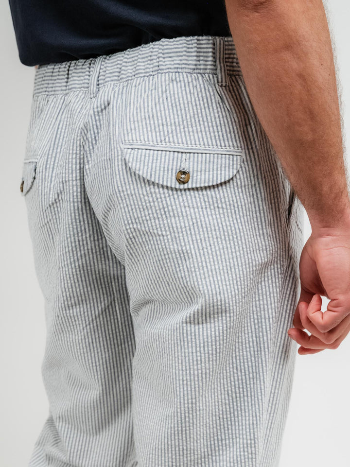 Pantalone in cotone con coulisse a righe navy e bianche