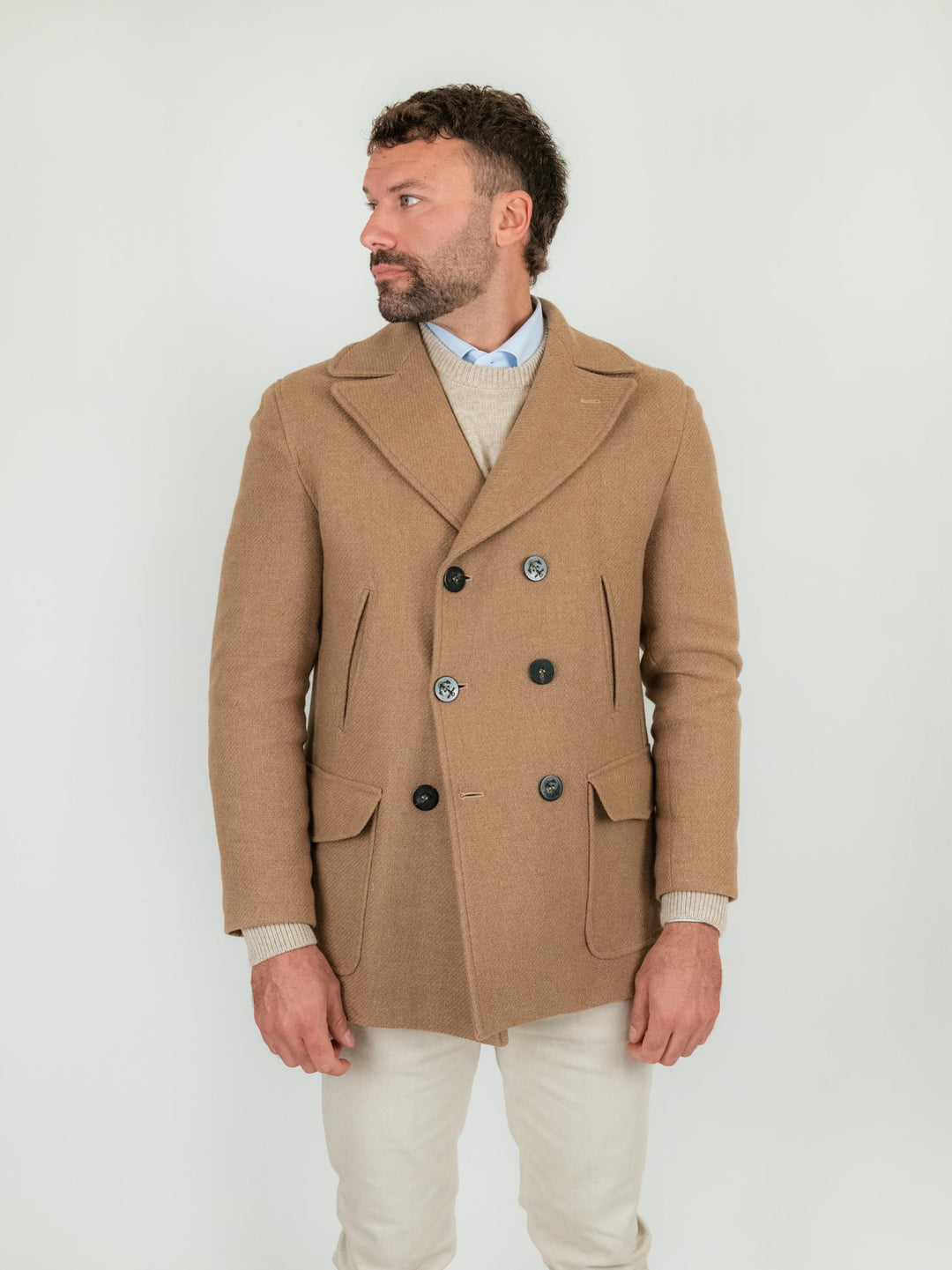 Peacoat doppiopetto beige in lana