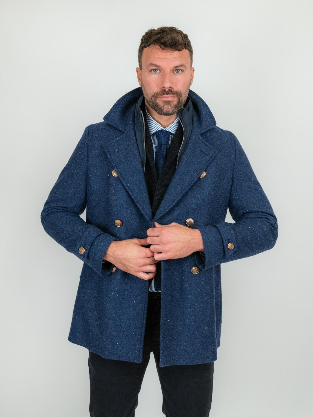 Peacoat in lana vergine blu melange