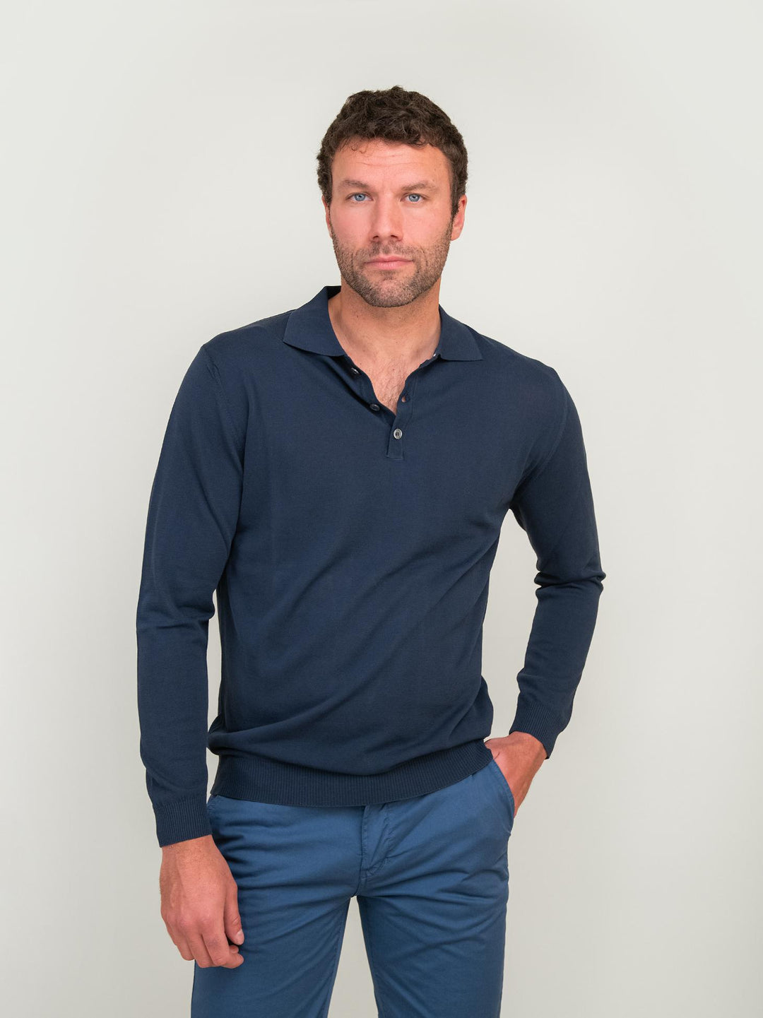 Polo a manica lunga in cotone extralight blu