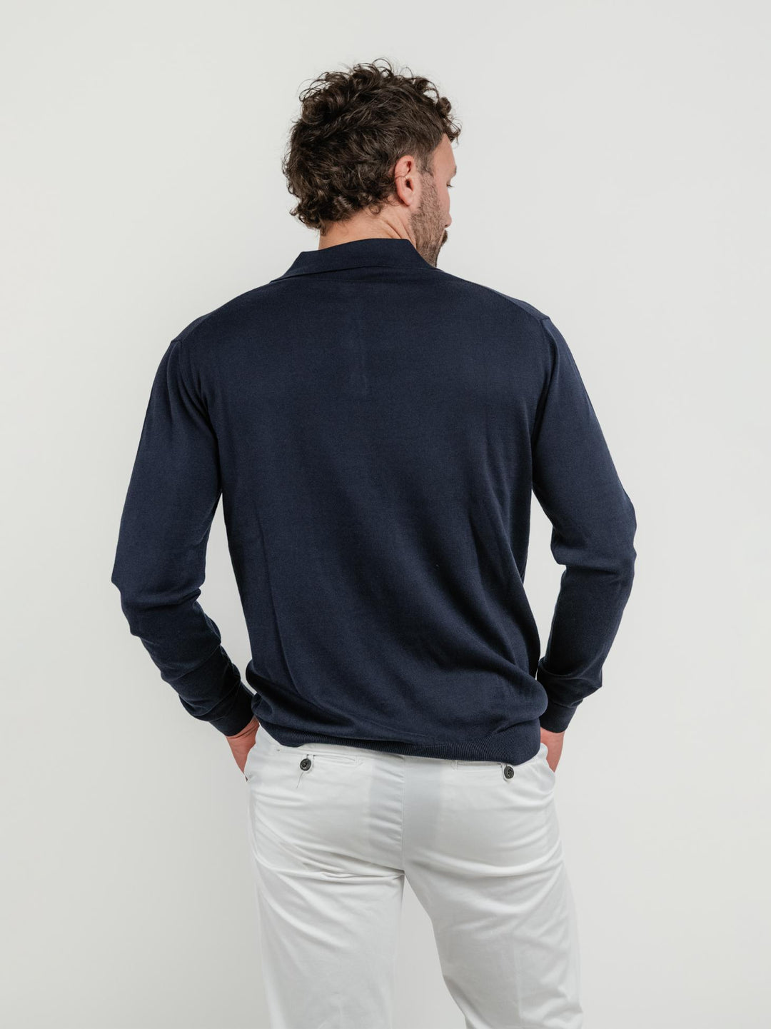 Polo a maniche lunghe in maglina di cotone blu notte