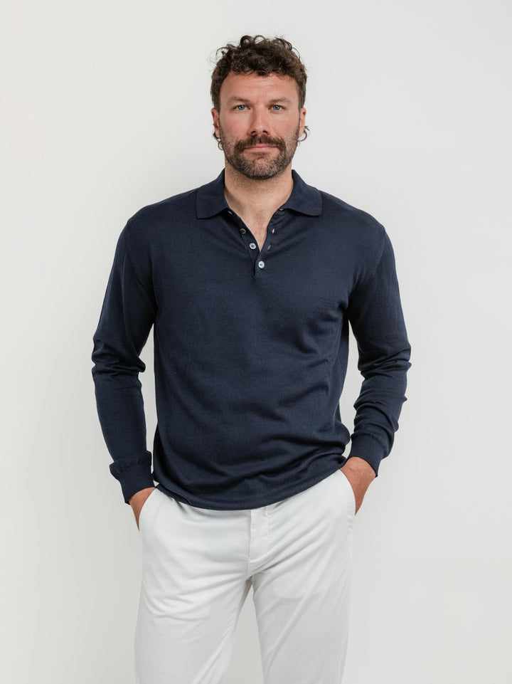 Polo a maniche lunghe in maglina di cotone blu notte