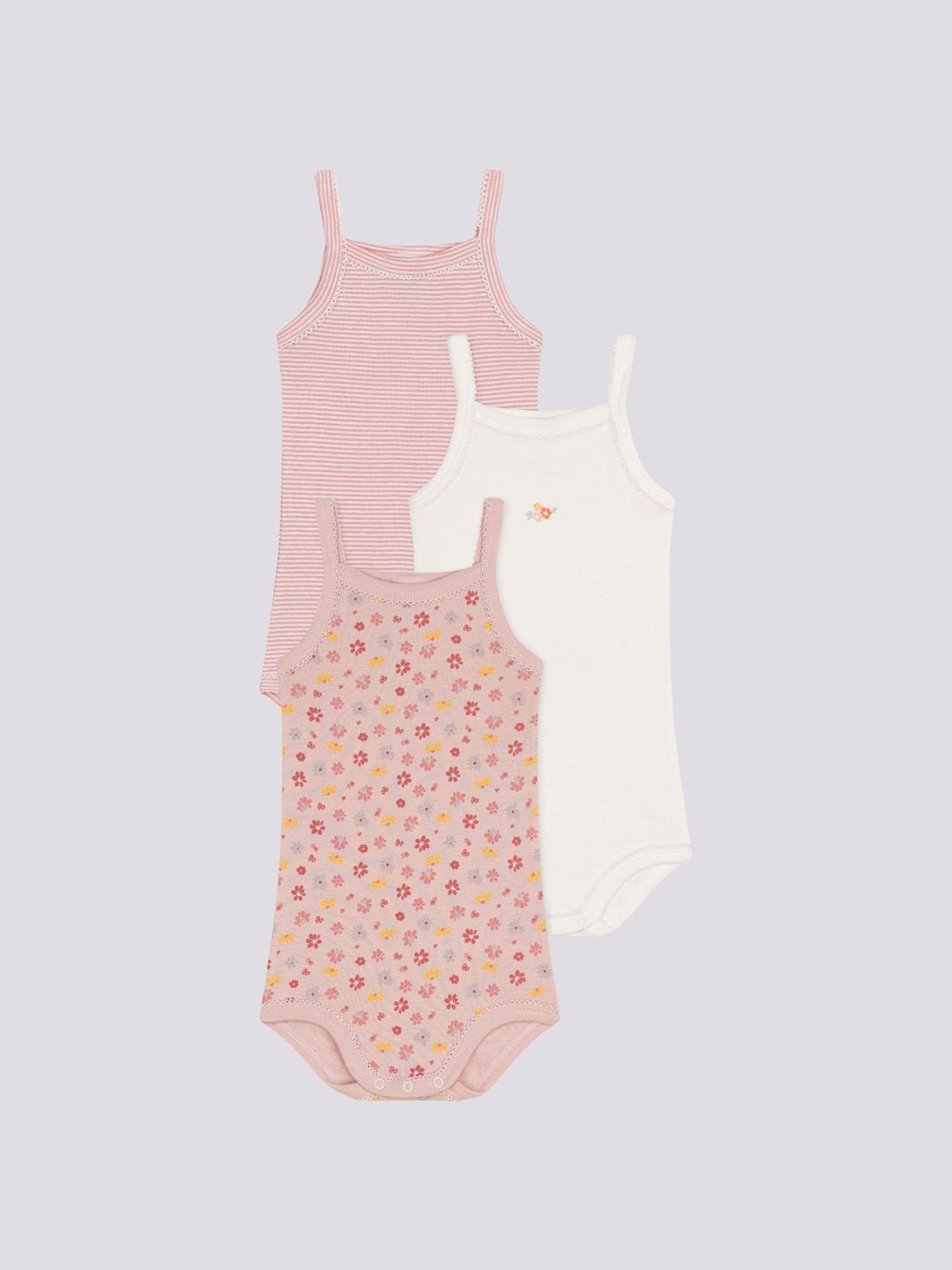 SET DI 3 BODY CON SPALLINE A FIORI BEBÈ IN COTONE