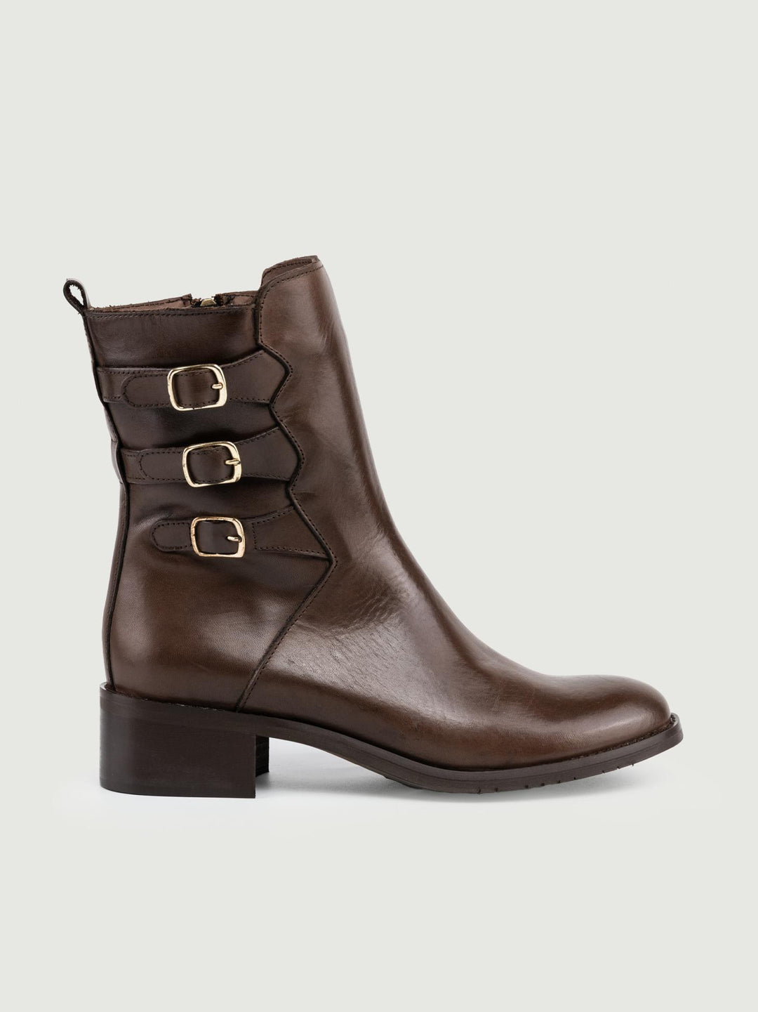 STIVALETTO CON TRIPLO CINTURINO IN PELLE TESTA MORO