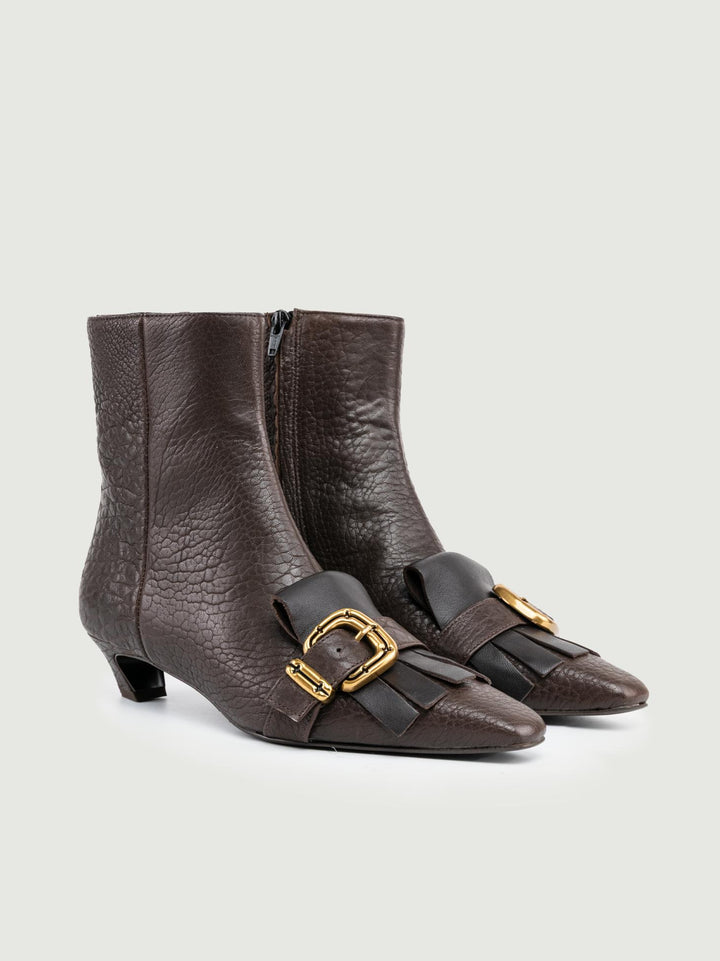 STIVALETTO IN PELLE MARTELLATA CON FRANGE TESTA MORO