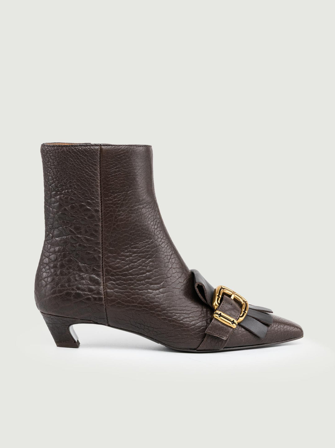 STIVALETTO IN PELLE MARTELLATA CON FRANGE TESTA MORO