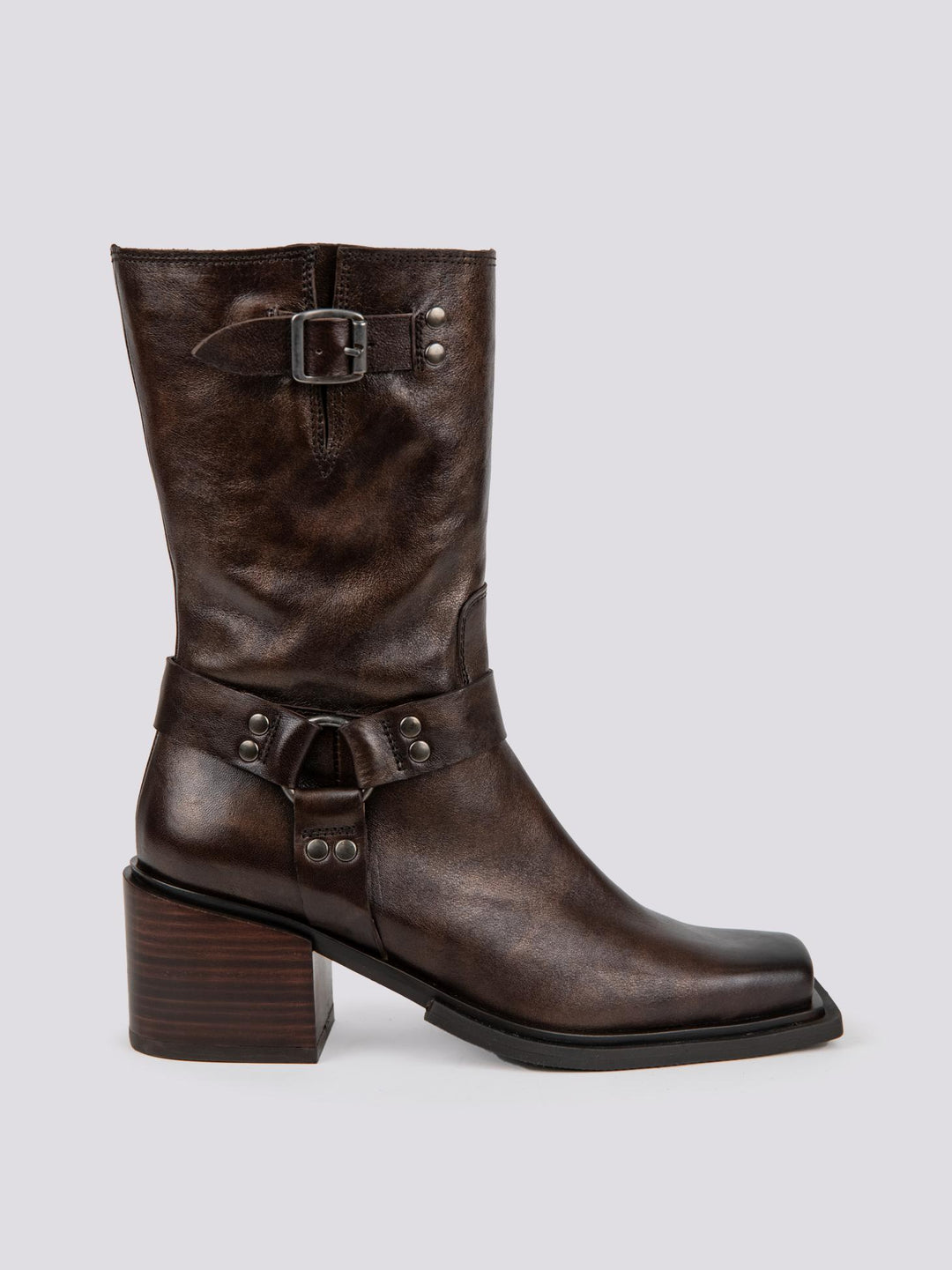 STIVALETTO TEXANO IN PELLE LAMINATA MARRONE