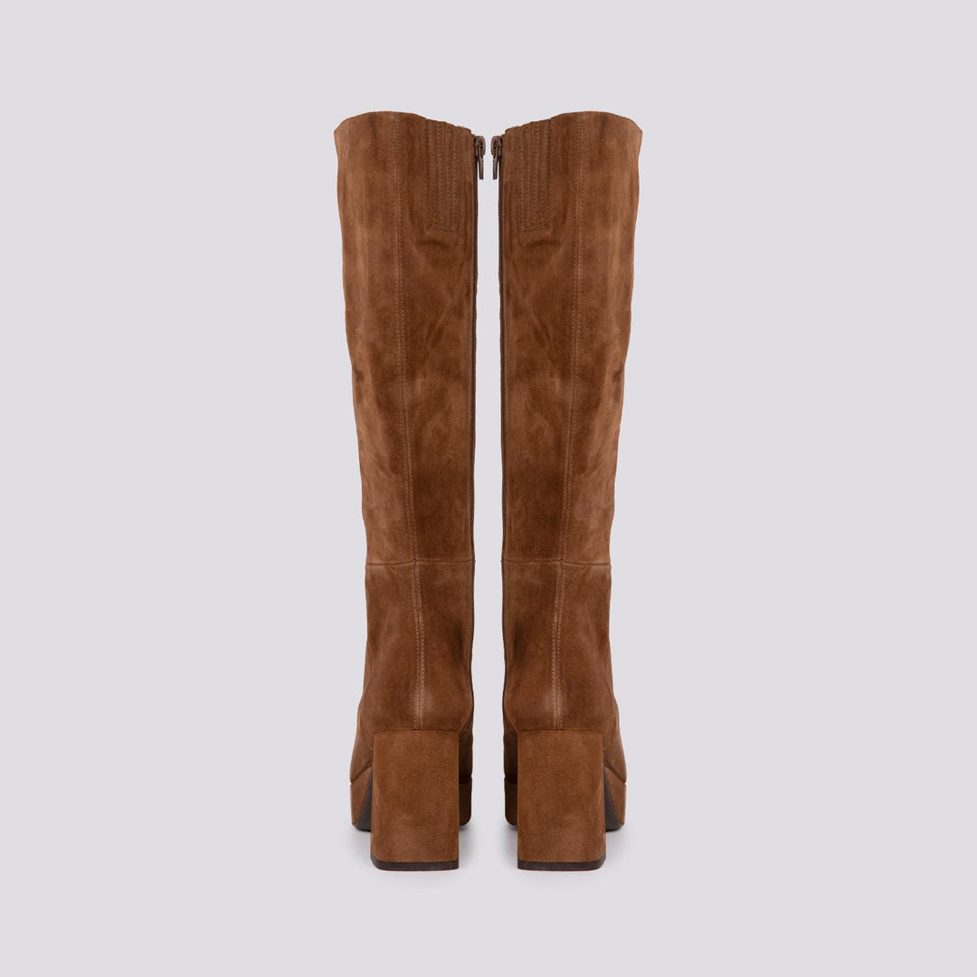 STIVALE ALTO CON TACCO SPESSO E PLATEAU IN CAMOSCIO MARRONE