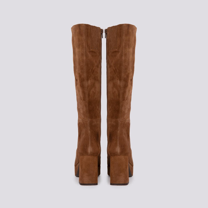 STIVALE ALTO CON TACCO SPESSO E PLATEAU IN CAMOSCIO MARRONE