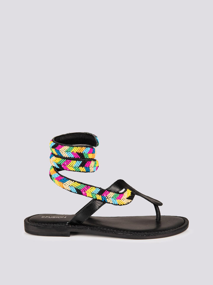 Sandalo serpente wrap up in pelle NERA con perline multicolor