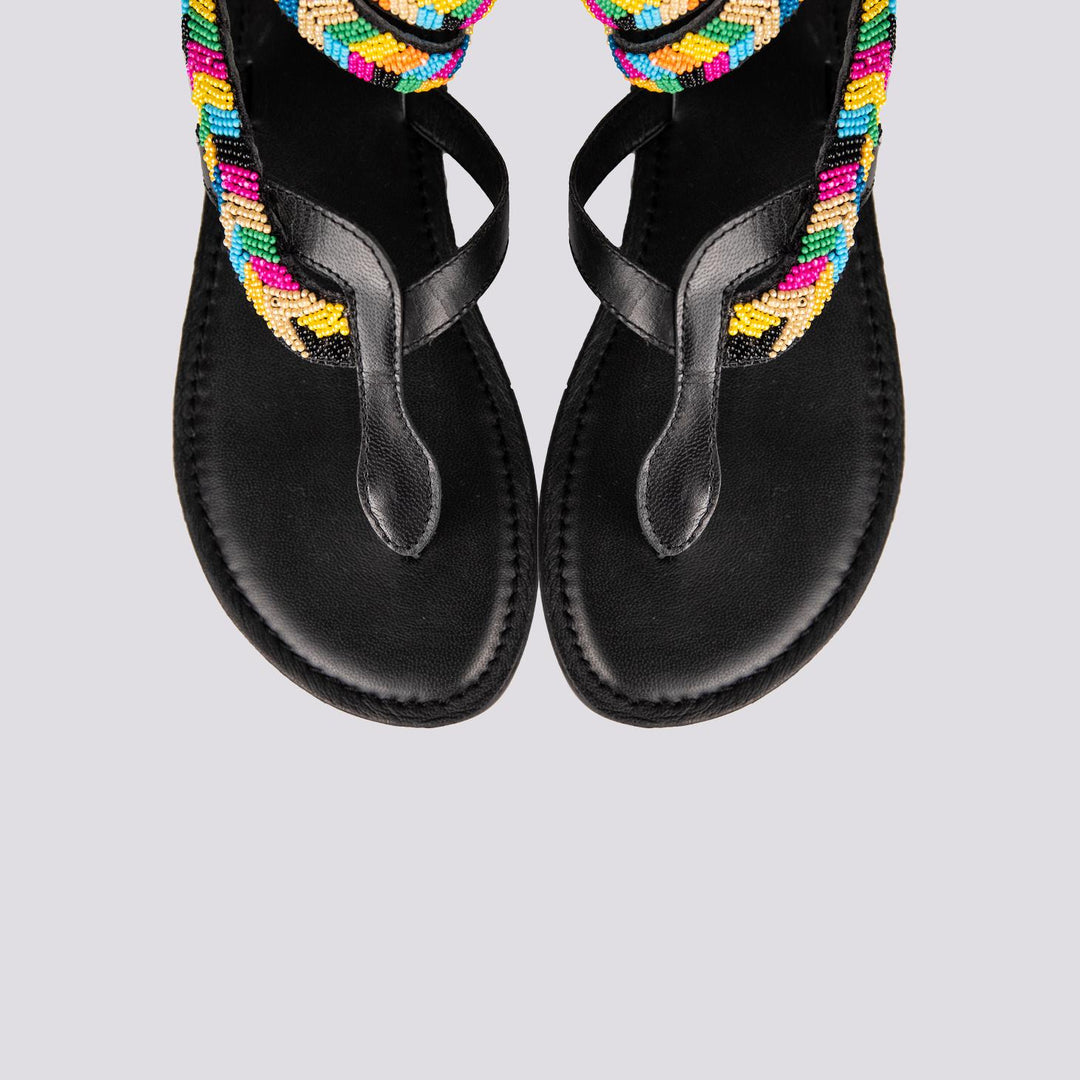 Sandalo serpente wrap up in pelle NERA con perline multicolor