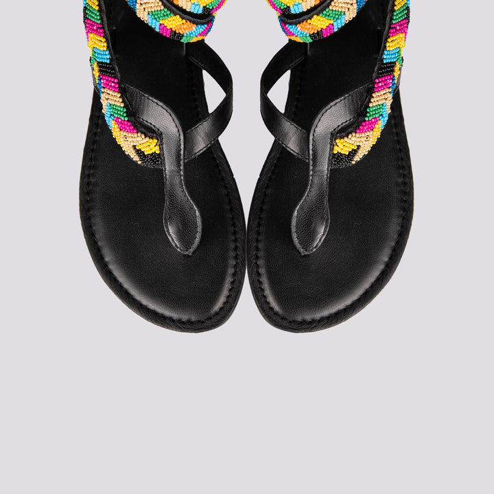 Sandalo serpente wrap up in pelle NERA con perline multicolor