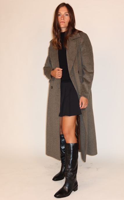Cappotto lungo da donna grigio scuro, con chiusura frontale e revers