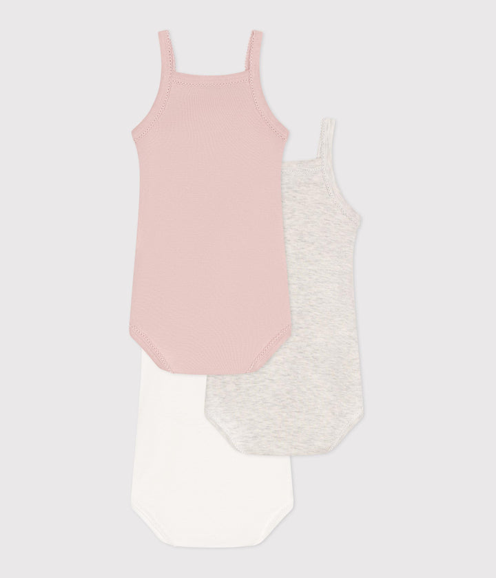 Set da 3 body con spalline in cotone tinta unita bebè