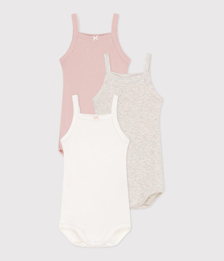 Set da 3 body con spalline in cotone tinta unita bebè