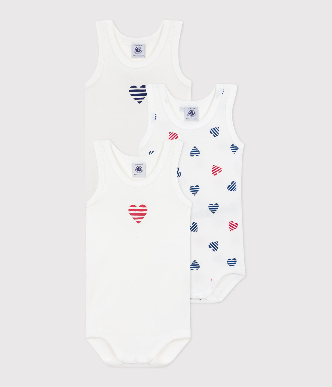 Set da 3 body senza maniche in cotone con cuori a righe bebè