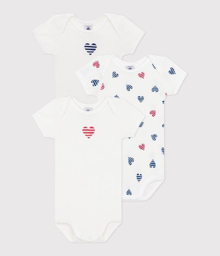 Set di 3 body a maniche corte in cotone con cuori a righe bebè