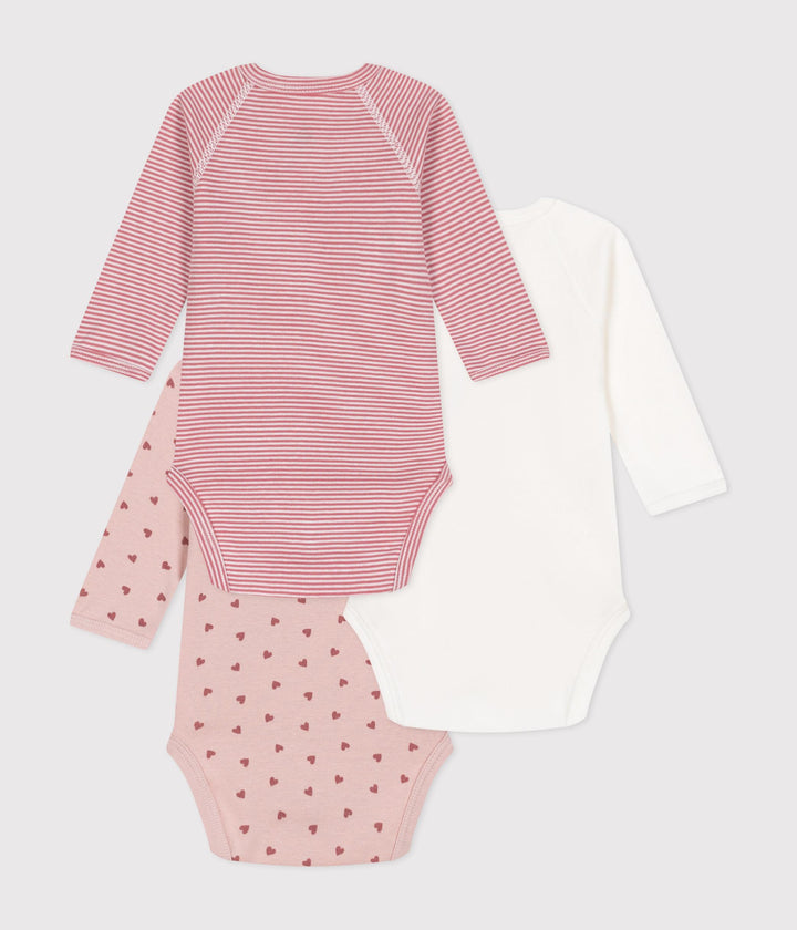 Set di 3 body incrociati a maniche lunghe cuoricini e righe