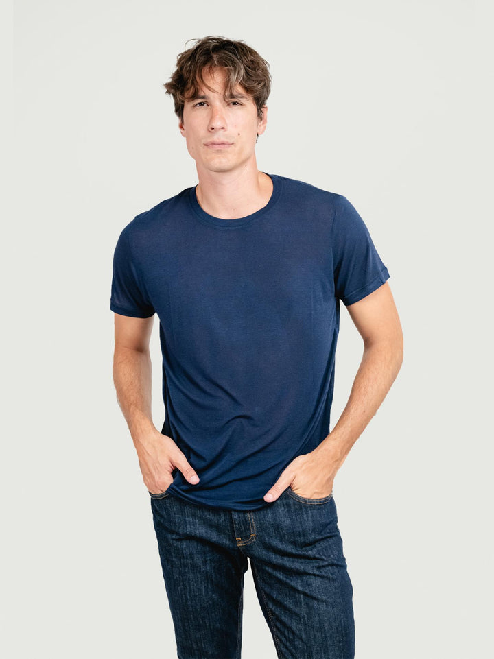 T-SHIRT GIROCOLLO IN MISTO CASHMERE BLU