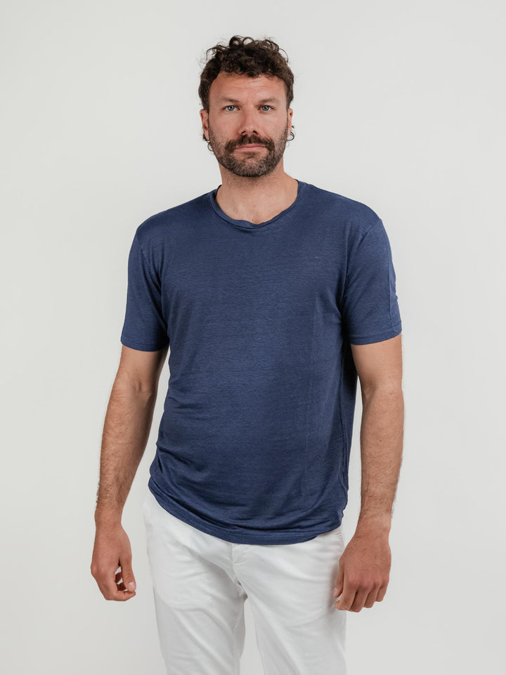 T-SHIRT IN LINO A GIROCOLLO BLU