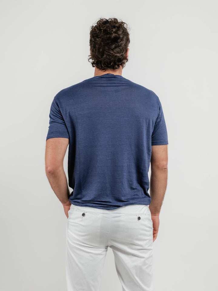T-SHIRT IN LINO A GIROCOLLO BLU