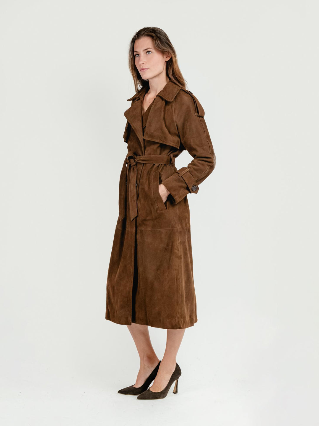TRENCH LUNGO IN CAMOSCIO
