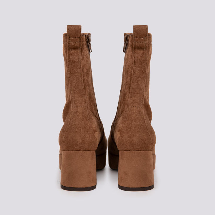 TRONCHETTO CON TACCO SPESSO E PLATEAU IN VELOUR MARRONE