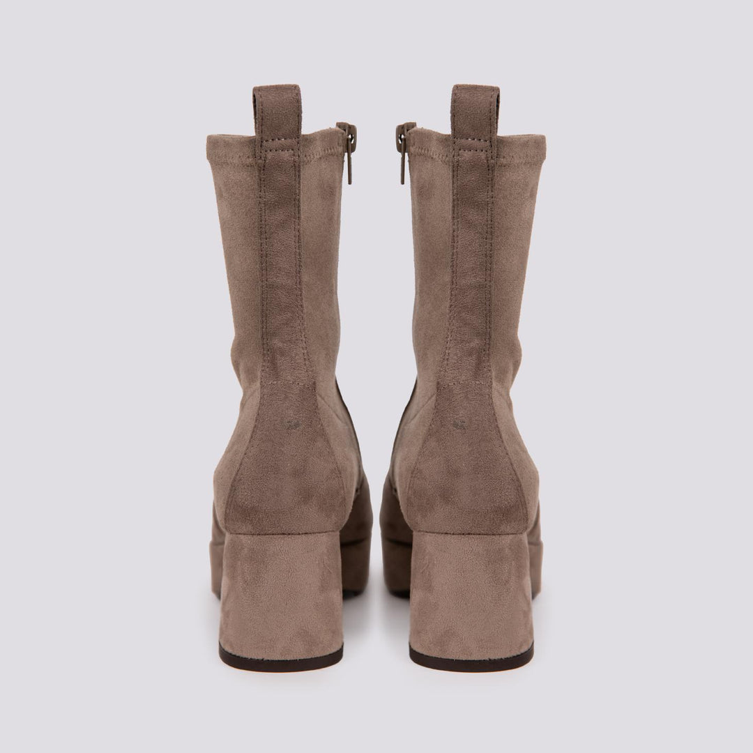 TRONCHETTO CON TACCO SPESSO E PLATEAU IN VELOUR TORTORA