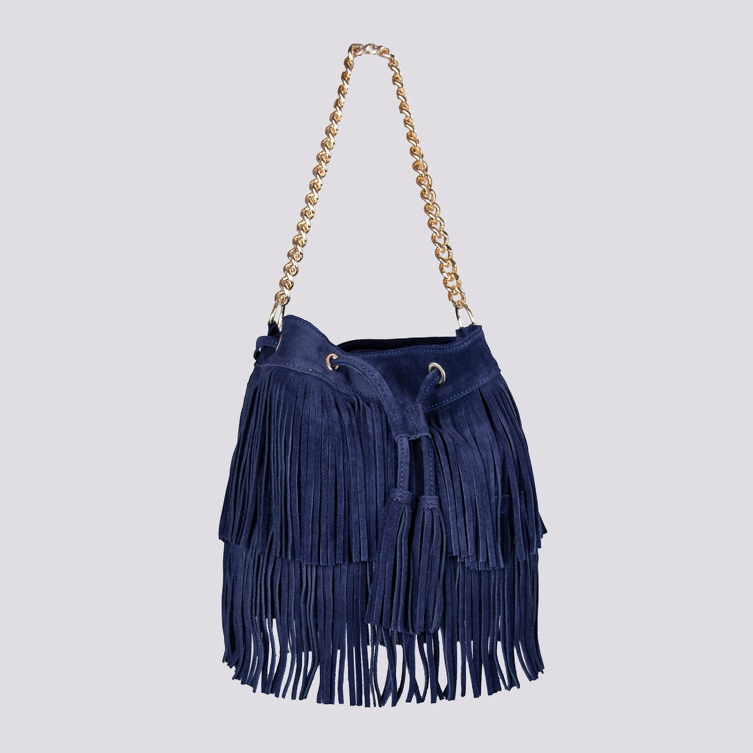 Borsa a secchiello con frange in camoscio blu Wild - Borsa - Andrea Morando Boutique - 2117318519457