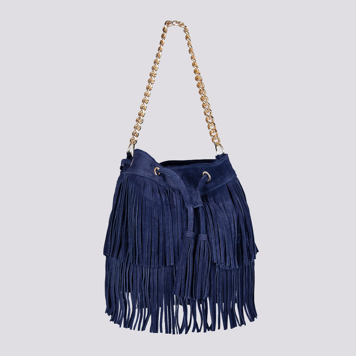 Borsa a secchiello con frange in camoscio blu Wild - Borsa - Andrea Morando Boutique - 2117318519457