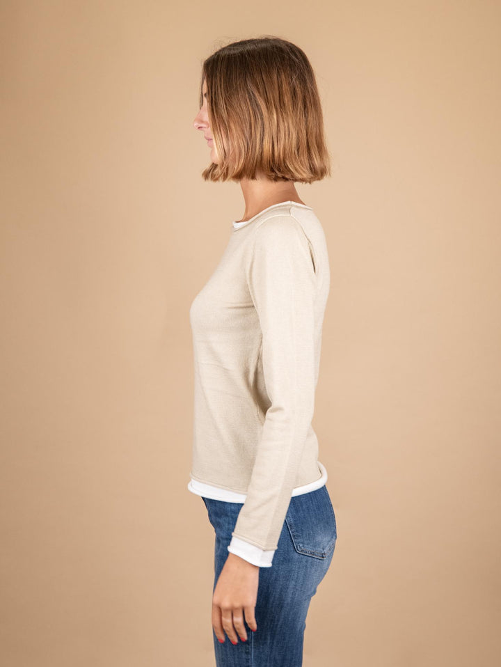MAGLIA SCOLLO A BARCA BICOLORE BEIGE E BIANCA 2351296 022 ANDREA MORANDO 