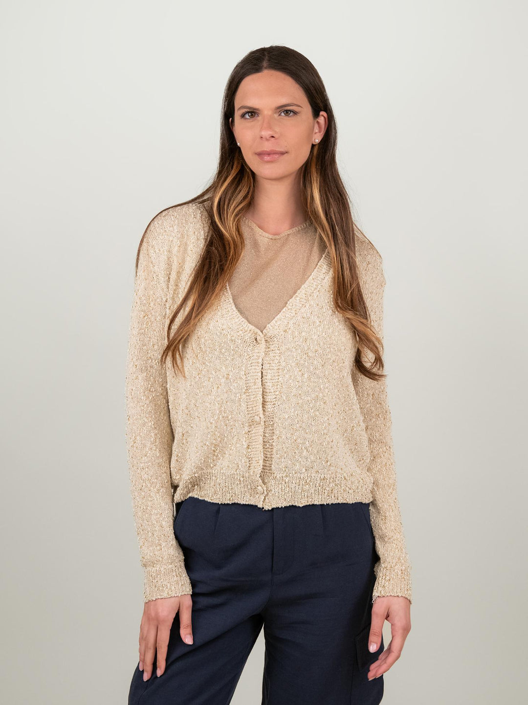 CARDIGAN BEIGE CON DETTAGLI LUREX 2553GC BEIGE ANDREA MORANDO 