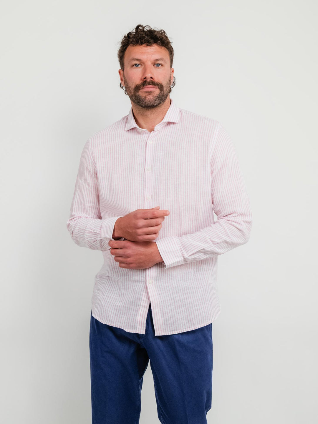 CAMICIA IN LINO E COTONE A RIGHE BIANCHE E ROSA