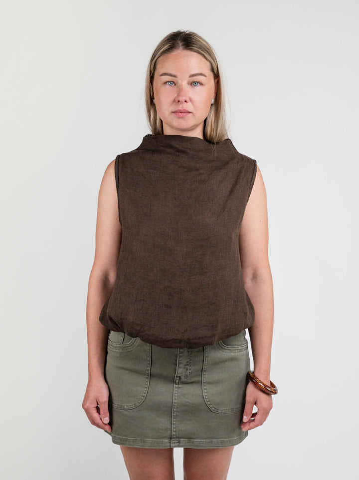 TOP SMANICATO IN LINO MARRONE 06290 MORO ANDREA MORANDO 