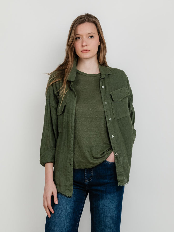CAMICIA IN LINO VERDE SALVIA CON FONDO SFRANGIATO 4476 MILITARE ANDREA MORANDO 