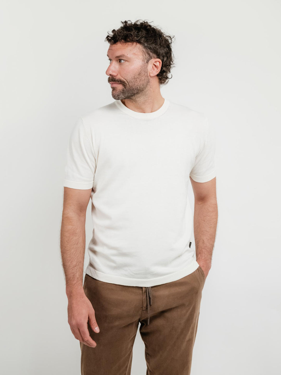 T-shirt in maglina di cotone bianco panna