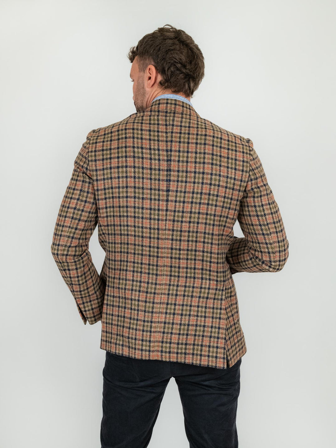 BLAZER FANTASIA CHECK IN LANA VERGINE COLOR TABACCO GIACCA. ARANCIO/BLU ANDREA MORANDO 