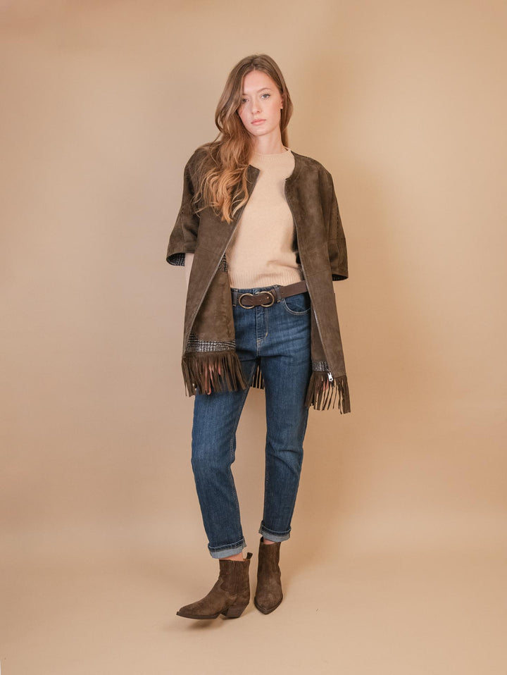 GIUBBOTTO STRUTTURATO IN CAMOSCIO  CON PIUMINO IN ECO-PIUMA FANGO LINR 18 JACK LEATHER 