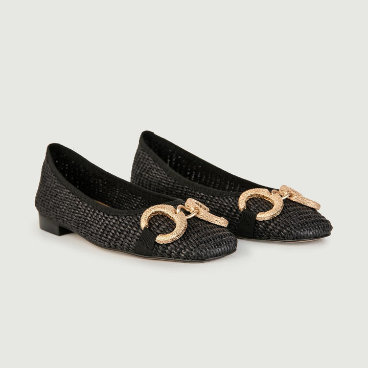 BALLERINE IN RAFIA NERA CON DETTAGLIO IN METALLO 4875RAFIA NERO ANDREA MORANDO 