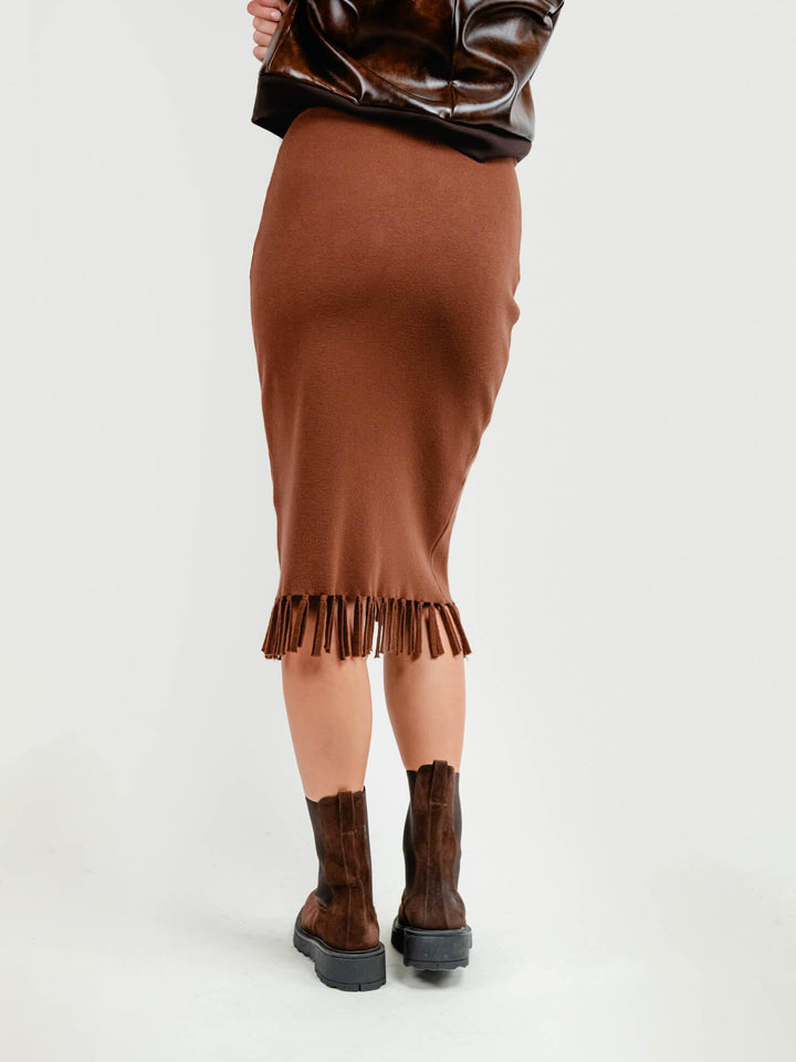 GONNA MIDI IN MAGLIA CON FRANGE CACAO ZS9096 CACAO ANDREA MORANDO 