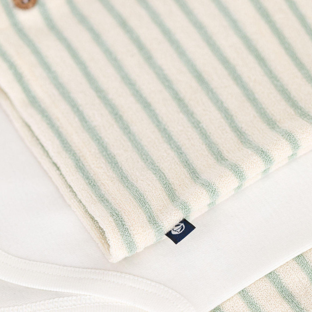 COMPLETO 3 PEZZI BEBÈ IN SPUGNA BOUCLETTE A RIGHE A09HW 01 PETIT BATEAU 