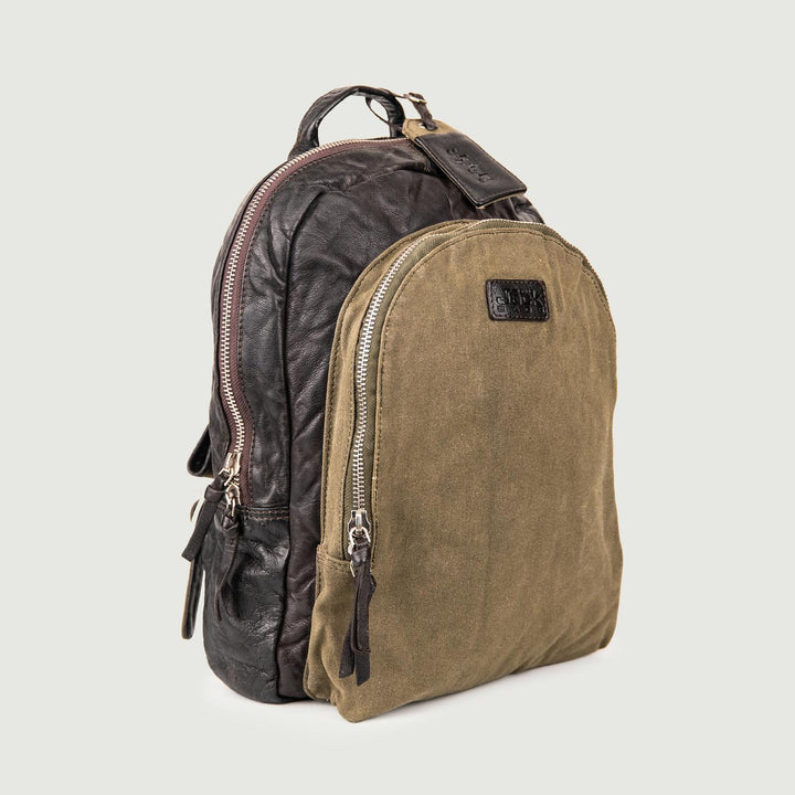 ZAINO IN PELLE EFFETTO USED DARK BROWN E TESSUTO FANGO. SURRENDER MIX 504 JACK LEATHER 