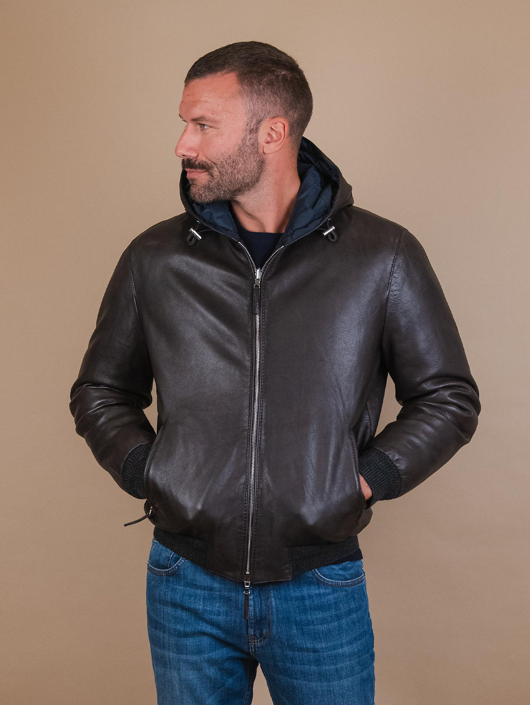 GIUBBOTTO REVERSIBILE IMBOTTITO CON CAPPUCCIO IN PELLE MARRONE  "JONAH" JONAH 06 JACK LEATHER 